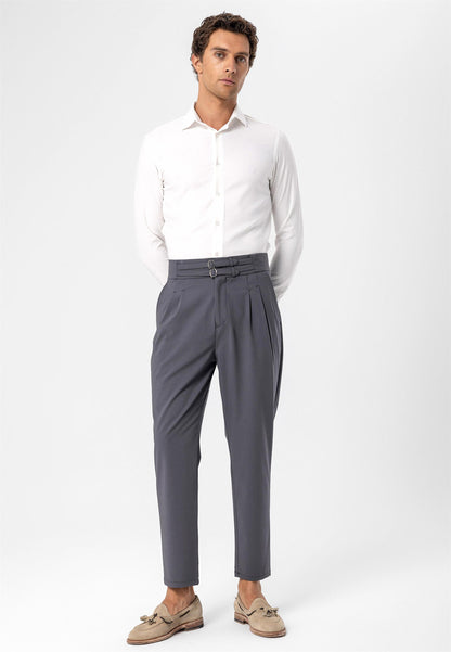 Men's Dark Grey High Waist Buckle Belt Pleated Fabric Trousers