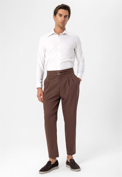 Men's Brown High Waist Buckle Belt Pleated Fabric Trousers