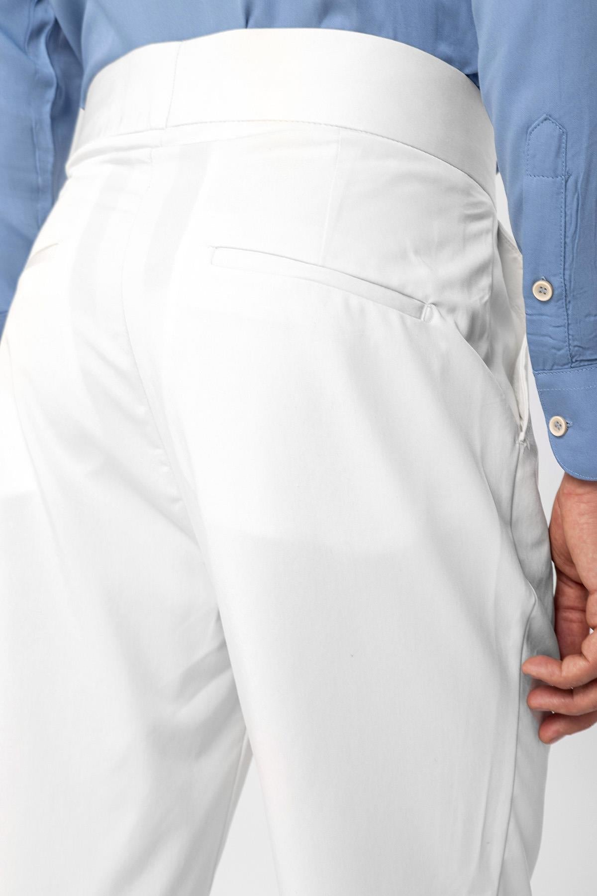 Men's Ecru High Waist Buckle Belt Pleated Fabric Trousers