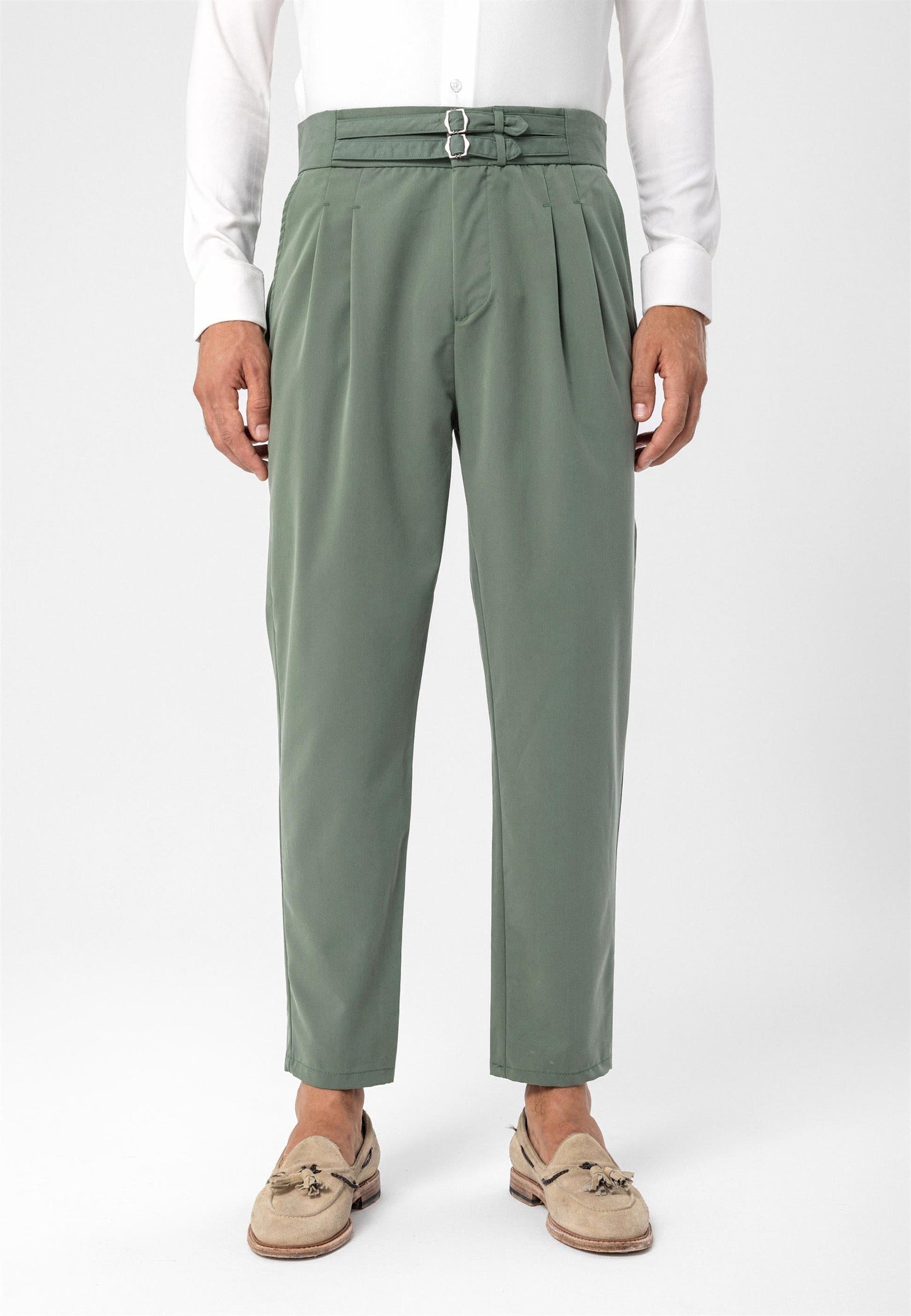 Men's Green High Waist Buckle Belt Pleated Fabric Trousers