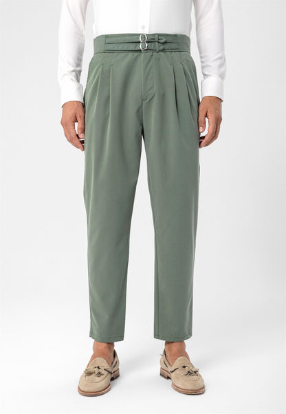 Men's Green High Waist Buckle Belt Pleated Fabric Trousers