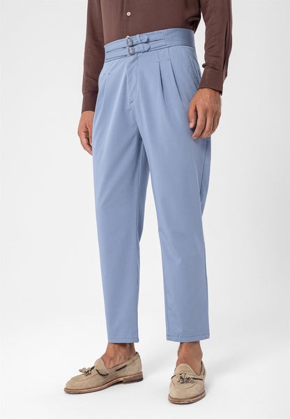 Men's Light Blue High Waist Buckle Belt Pleated Fabric Trousers