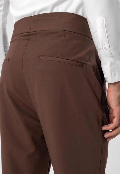 Men's Brown High Waist Buckle Belt Pleated Fabric Trousers