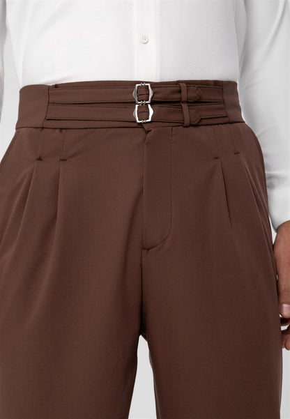 Men's Brown High Waist Buckle Belt Pleated Fabric Trousers