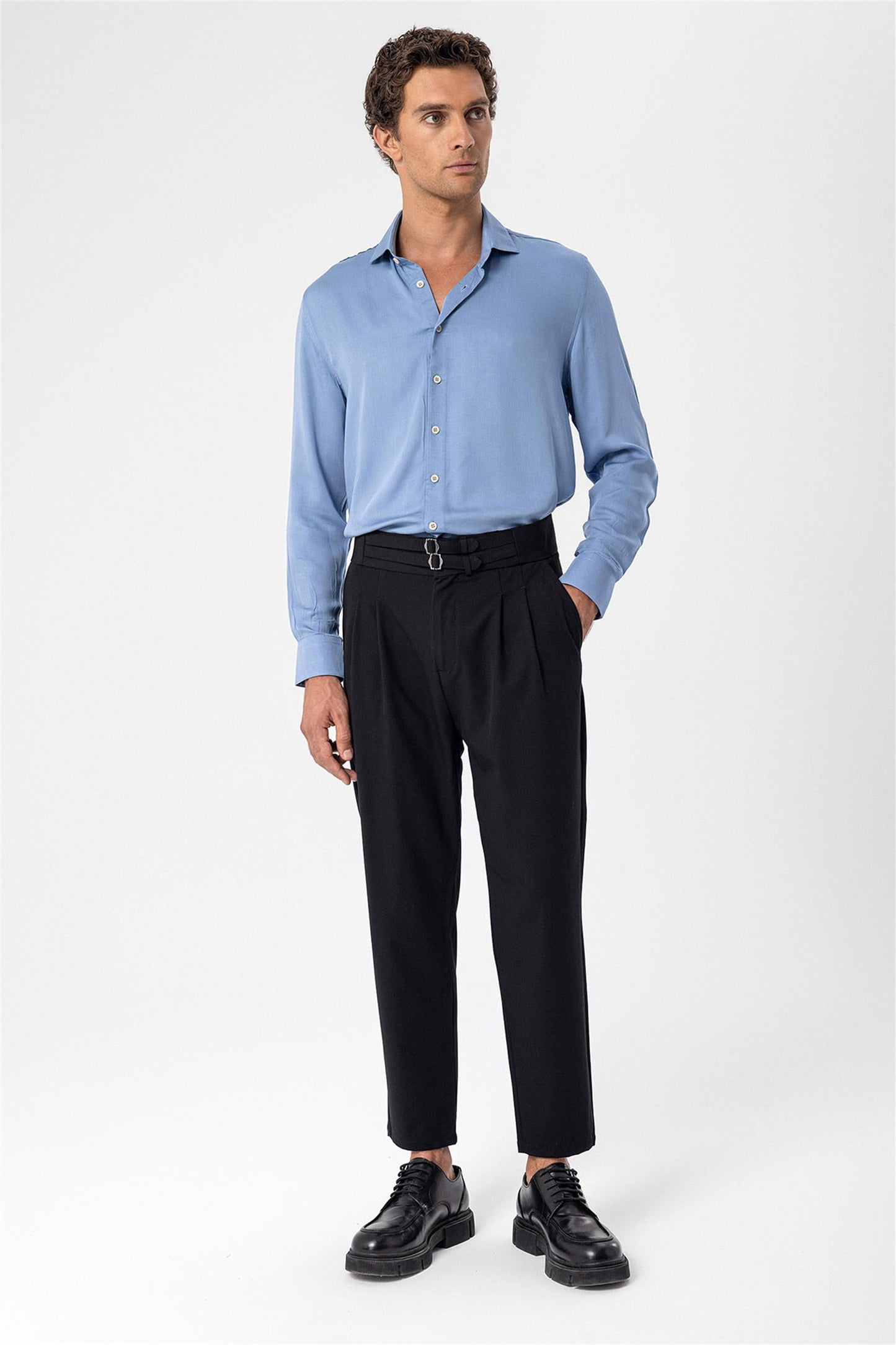 Men's Black High Waist Buckle Belt Pleated Fabric Trousers