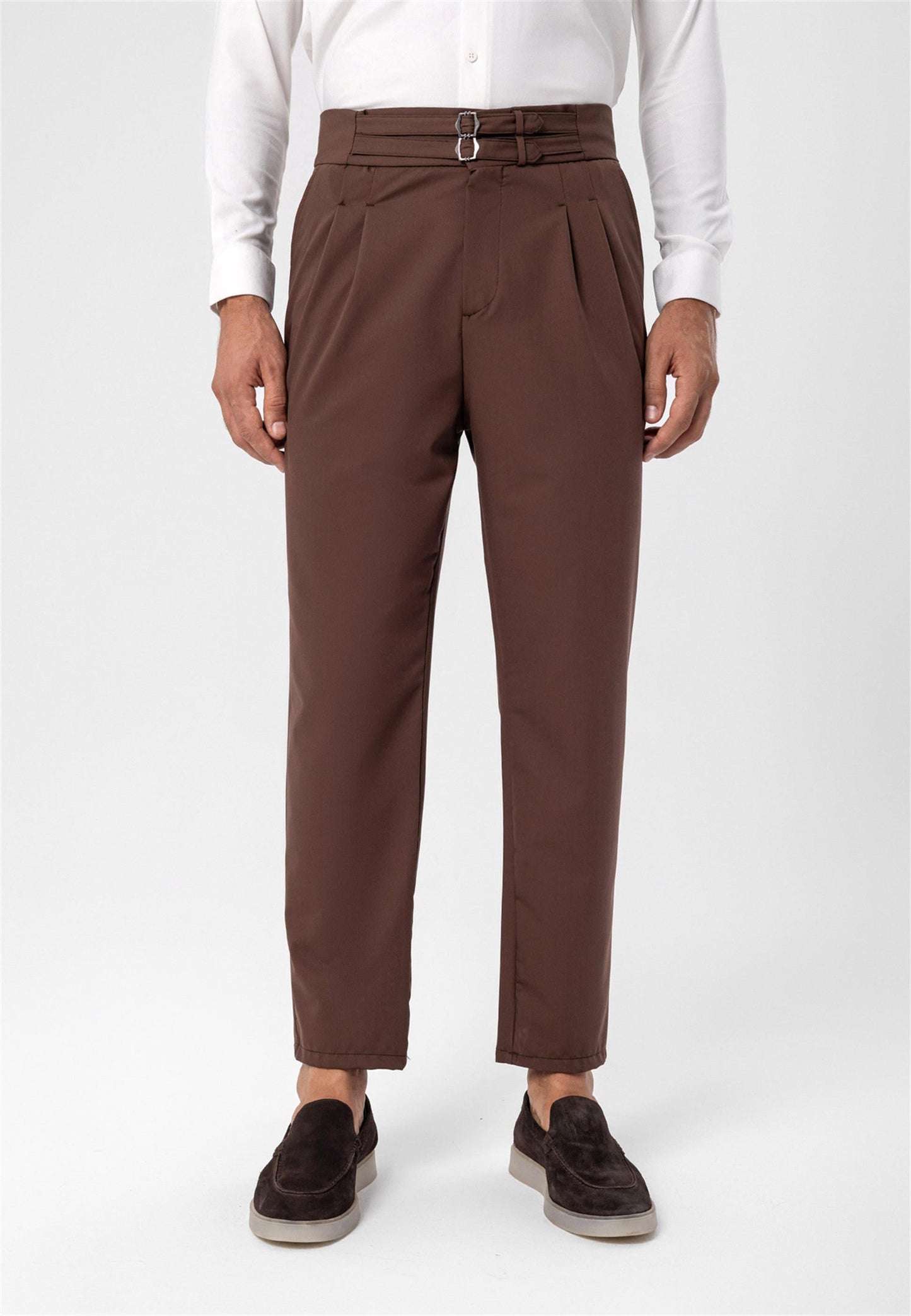 Men's Brown High Waist Buckle Belt Pleated Fabric Trousers