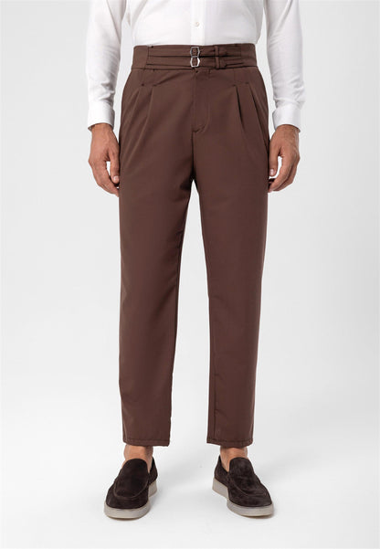 Men's Brown High Waist Buckle Belt Pleated Fabric Trousers