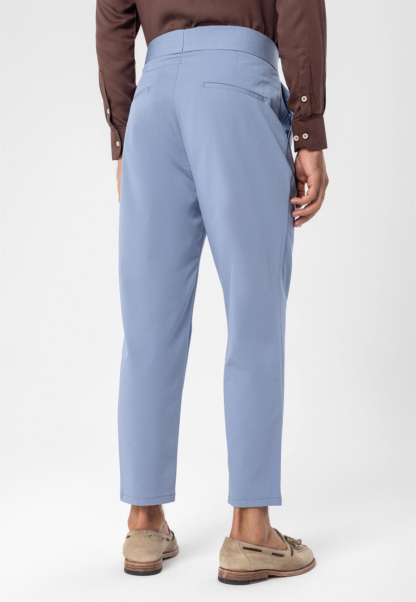 Men's Light Blue High Waist Buckle Belt Pleated Fabric Trousers