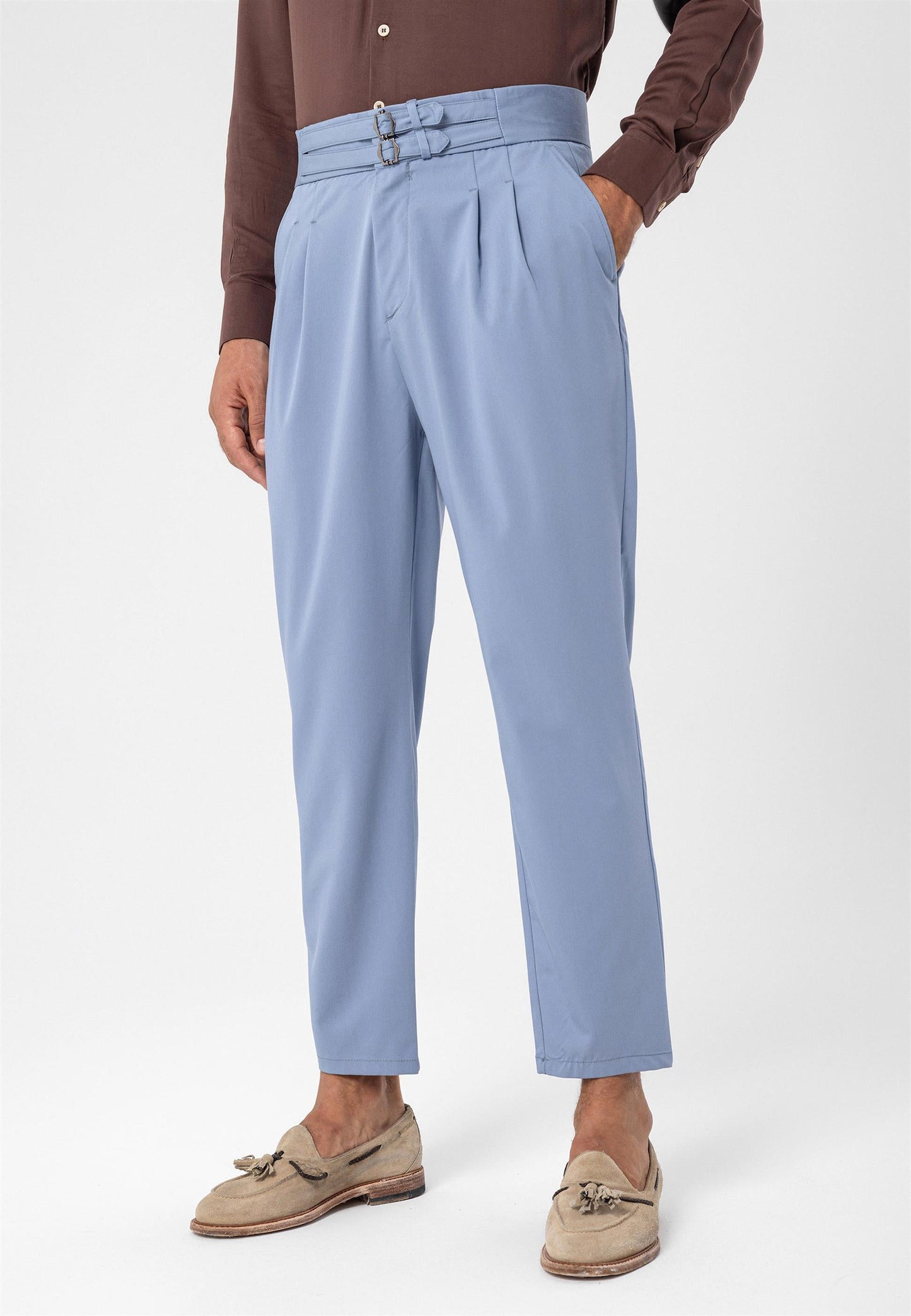 Men's Light Blue High Waist Buckle Belt Pleated Fabric Trousers