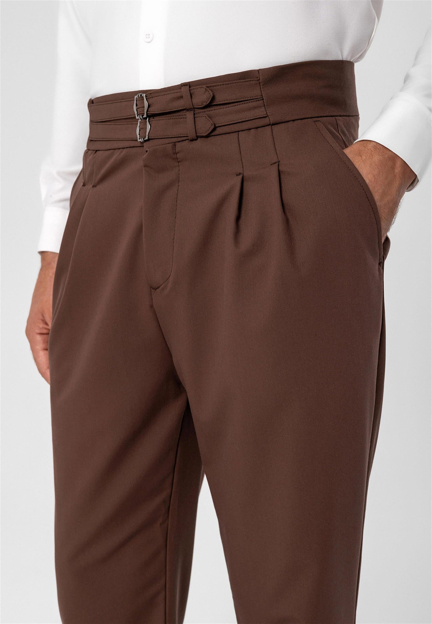 Men's Brown High Waist Buckle Belt Pleated Fabric Trousers
