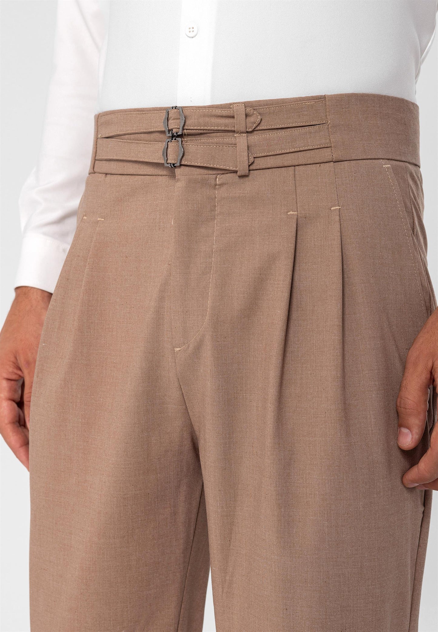 Men's Light Brown High Waist Buckle Belt Pleated Fabric Trousers