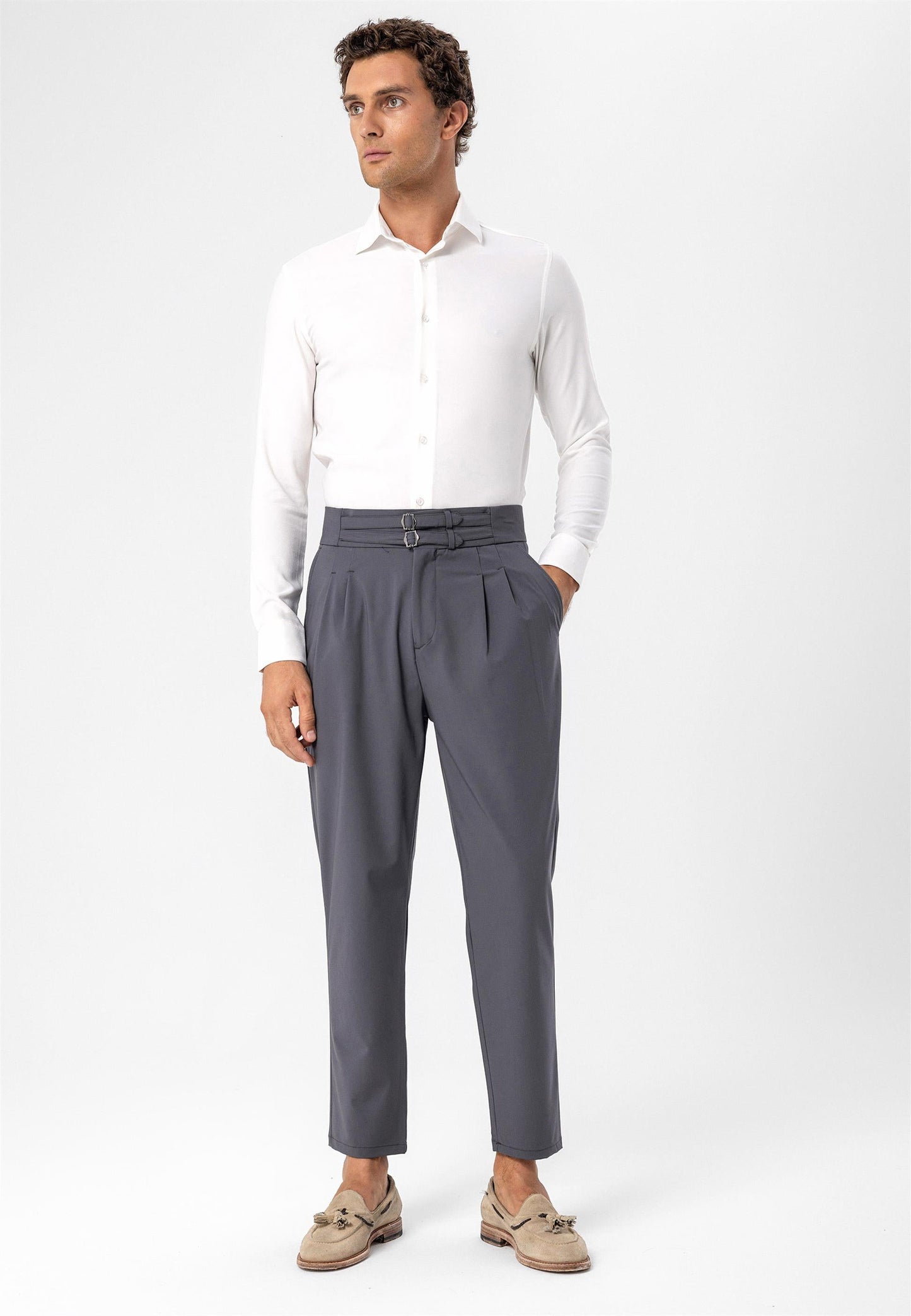 Men's Dark Grey High Waist Buckle Belt Pleated Fabric Trousers