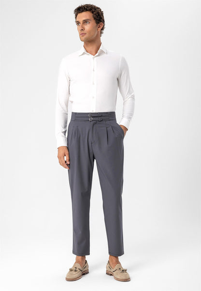 Men's Dark Grey High Waist Buckle Belt Pleated Fabric Trousers