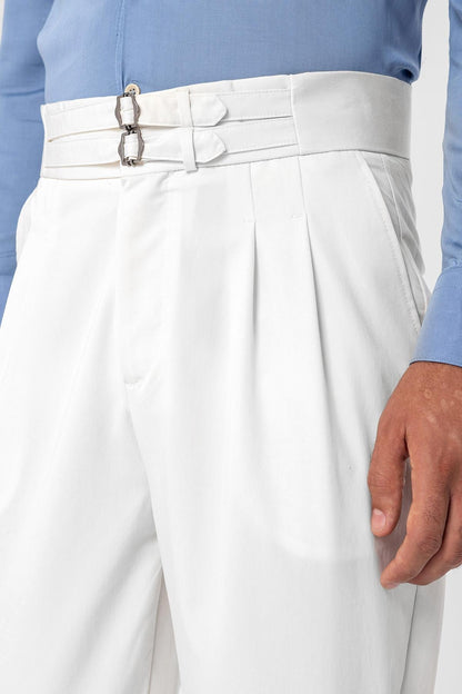 Men's Ecru High Waist Buckle Belt Pleated Fabric Trousers
