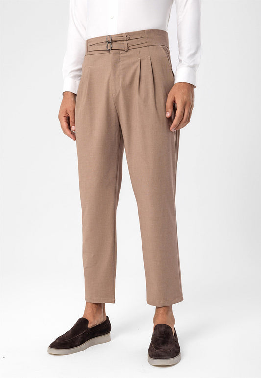 Men's Light Brown High Waist Buckle Belt Pleated Fabric Trousers