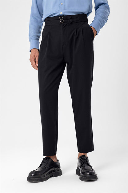 Men's Black High Waist Buckle Belt Pleated Fabric Trousers