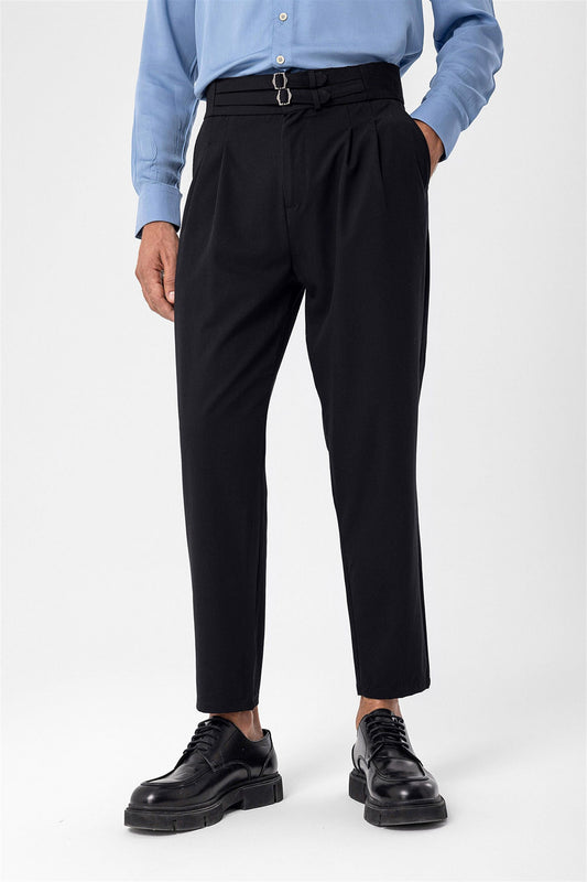 Men's Black High Waist Buckle Belt Pleated Fabric Trousers