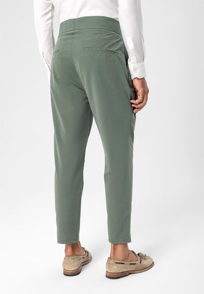 Men's Green High Waist Buckle Belt Pleated Fabric Trousers
