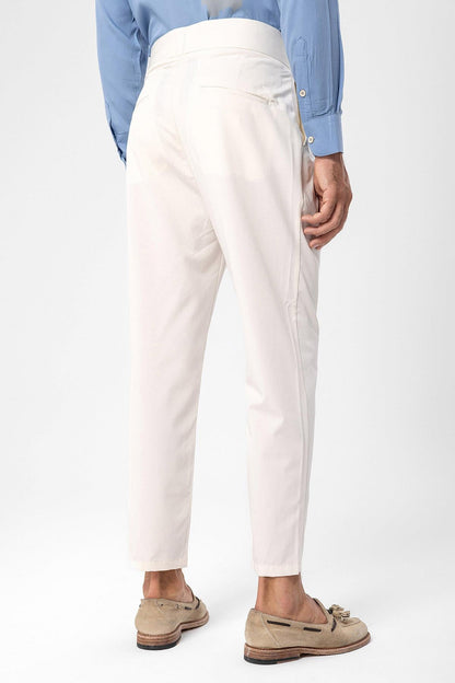 Men's Ecru High Waist Buckle Belt Pleated Fabric Trousers