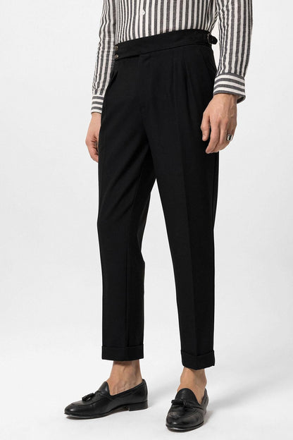 Men's Black High Waist Side Buckled Pleated Fabric Trousers