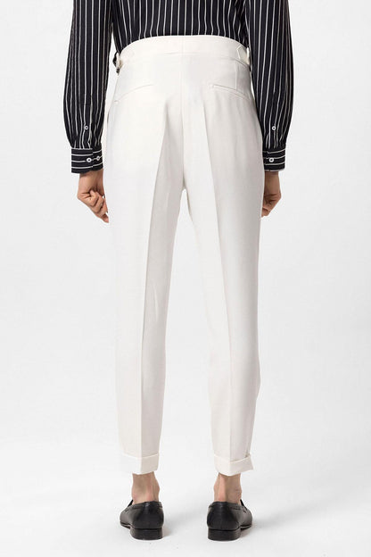 Men's Ecru High Waist Side Buckled Pleated Fabric Trousers
