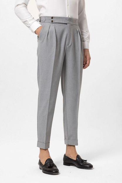 Men's Grey High Waist Side Buckled Pleated Fabric Trousers