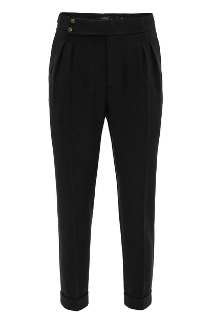 Men's Black High Waist Side Buckled Pleated Fabric Trousers