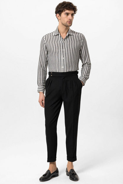 Men's Black High Waist Side Buckled Pleated Fabric Trousers