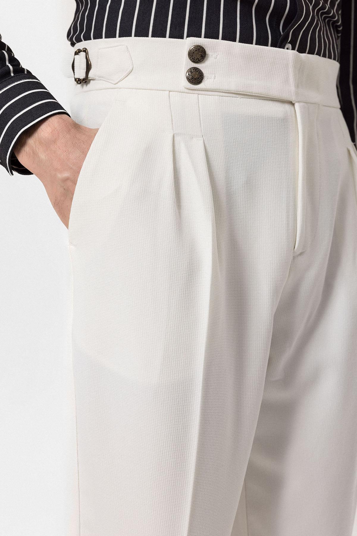 Men's Ecru High Waist Side Buckled Pleated Fabric Trousers