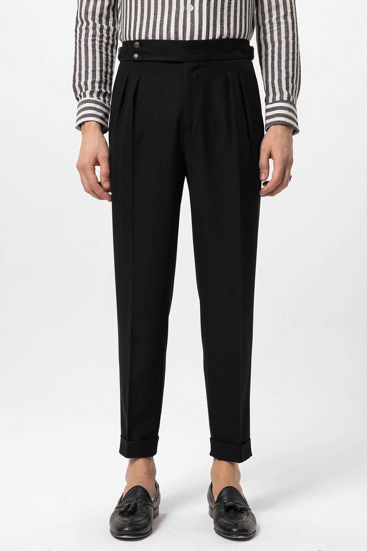 Men's Black High Waist Side Buckled Pleated Fabric Trousers