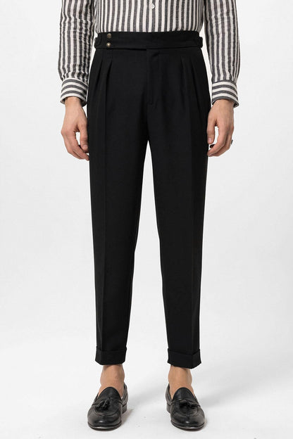 Men's Black High Waist Side Buckled Pleated Fabric Trousers