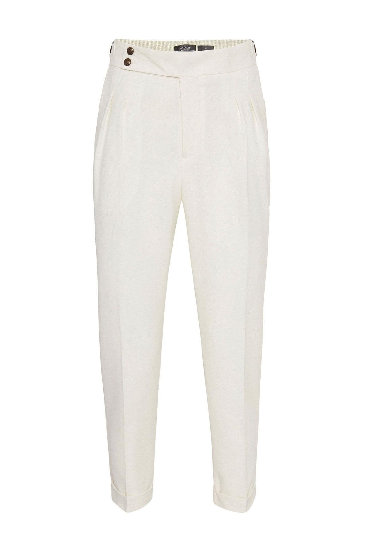 Men's Ecru High Waist Side Buckled Pleated Fabric Trousers