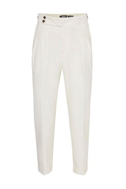 Men's Ecru High Waist Side Buckled Pleated Fabric Trousers