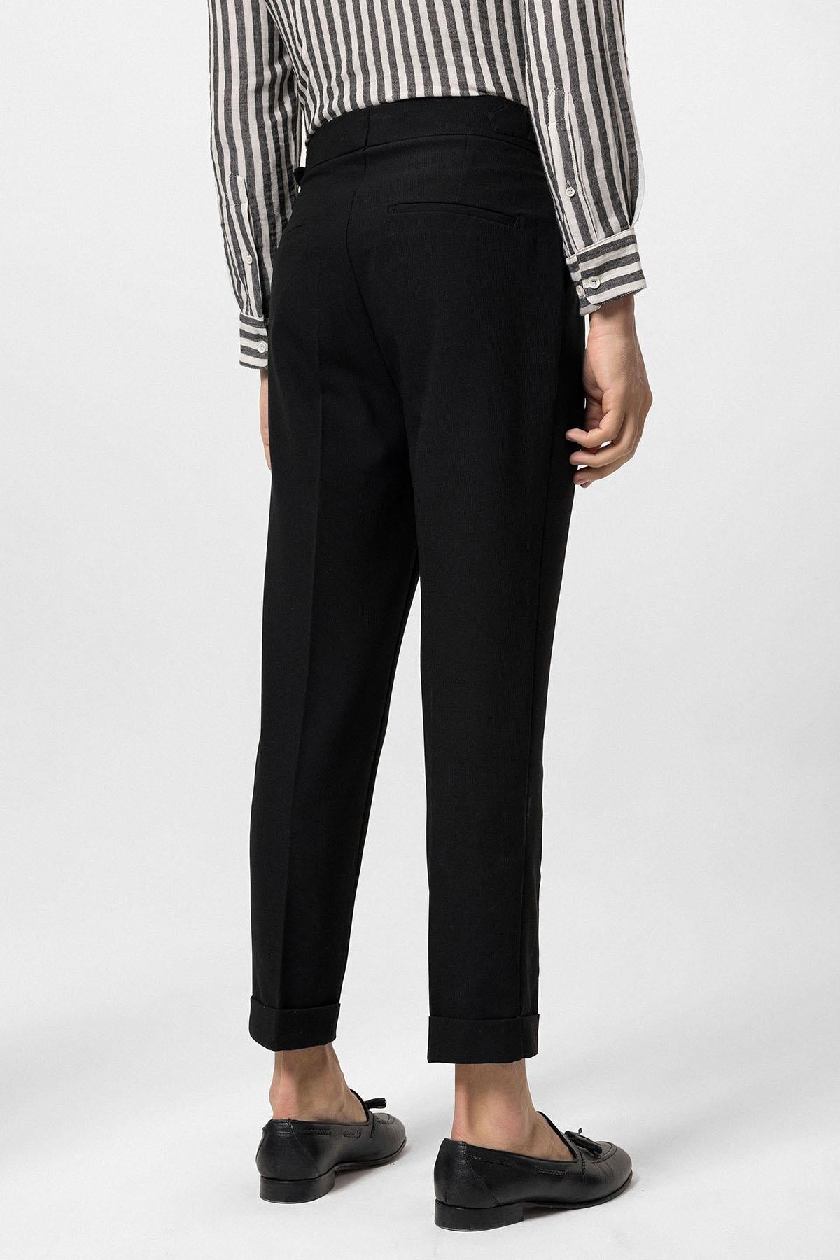 Men's Black High Waist Side Buckled Pleated Fabric Trousers