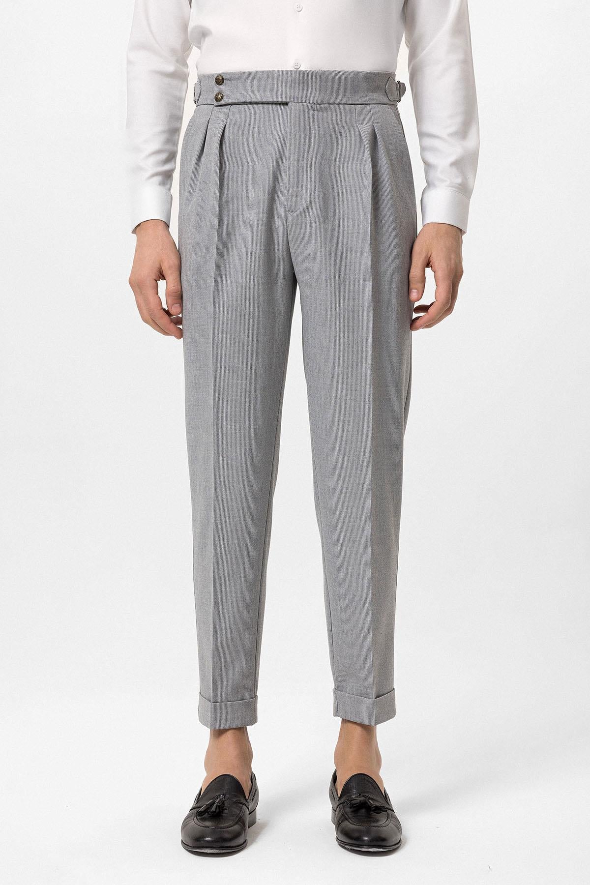 Men's Grey High Waist Side Buckled Pleated Fabric Trousers