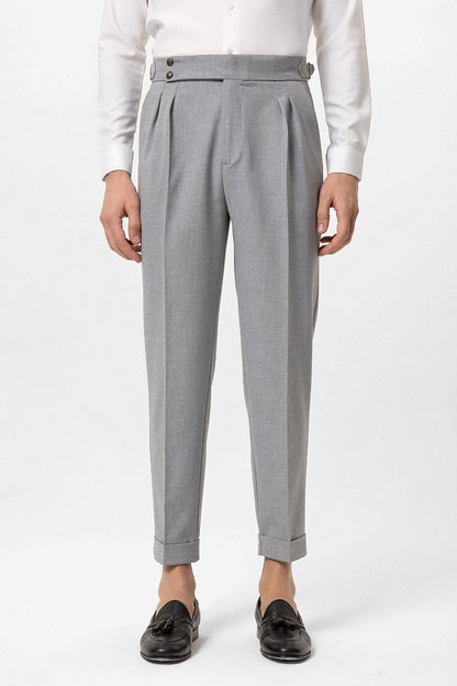 Men's Grey High Waist Side Buckled Pleated Fabric Trousers
