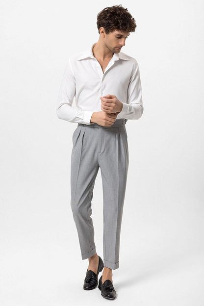 Men's Grey High Waist Side Buckled Pleated Fabric Trousers