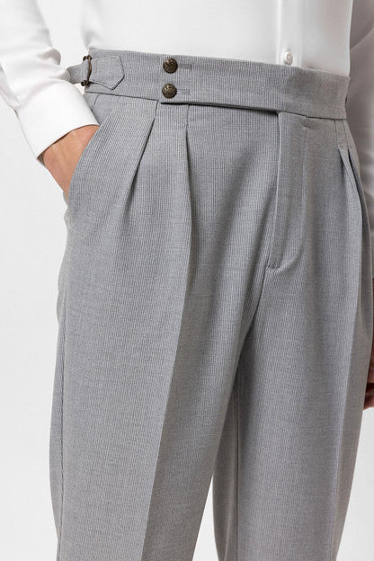 Men's Grey High Waist Side Buckled Pleated Fabric Trousers