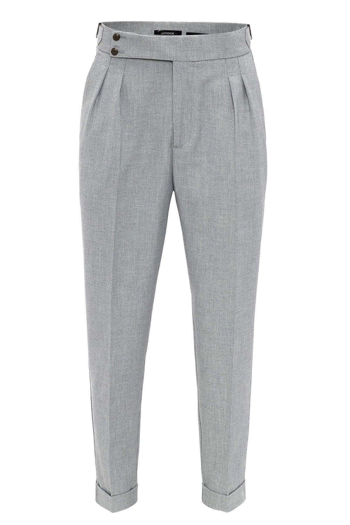 Men's Grey High Waist Side Buckled Pleated Fabric Trousers