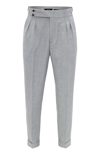 Men's Grey High Waist Side Buckled Pleated Fabric Trousers