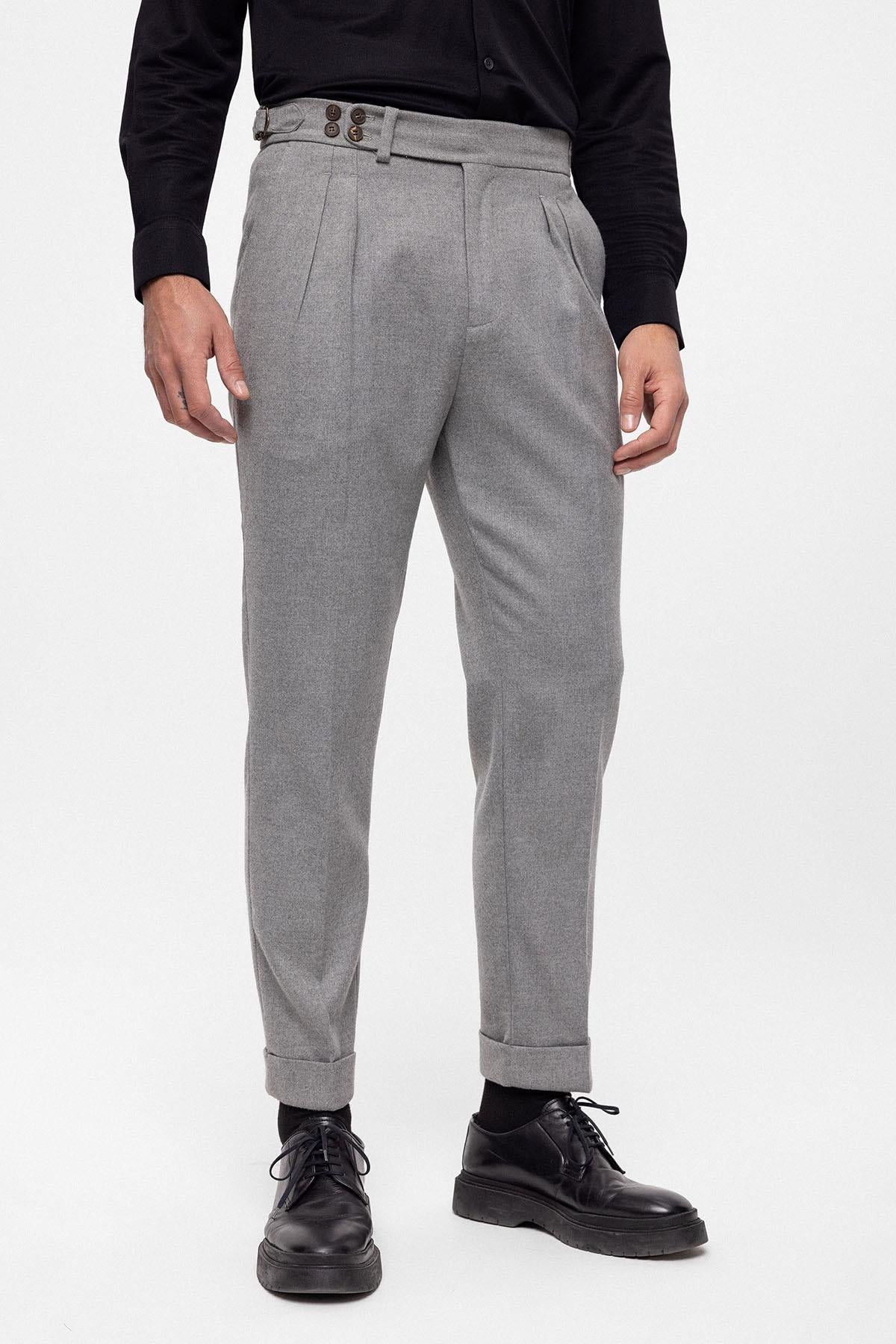 Men's Grey Wool Look High Waist Pleated Pants