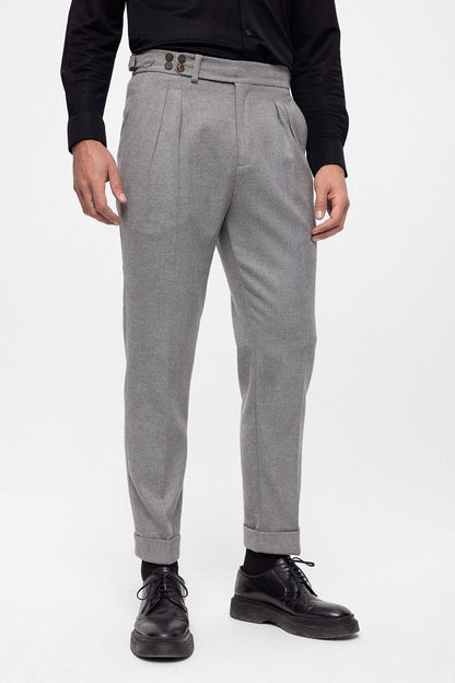 Men's Grey Wool Look High Waist Pleated Pants