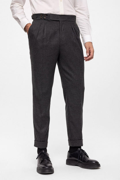 Men's Anthracite Wool Look High Waist Pleated Pants