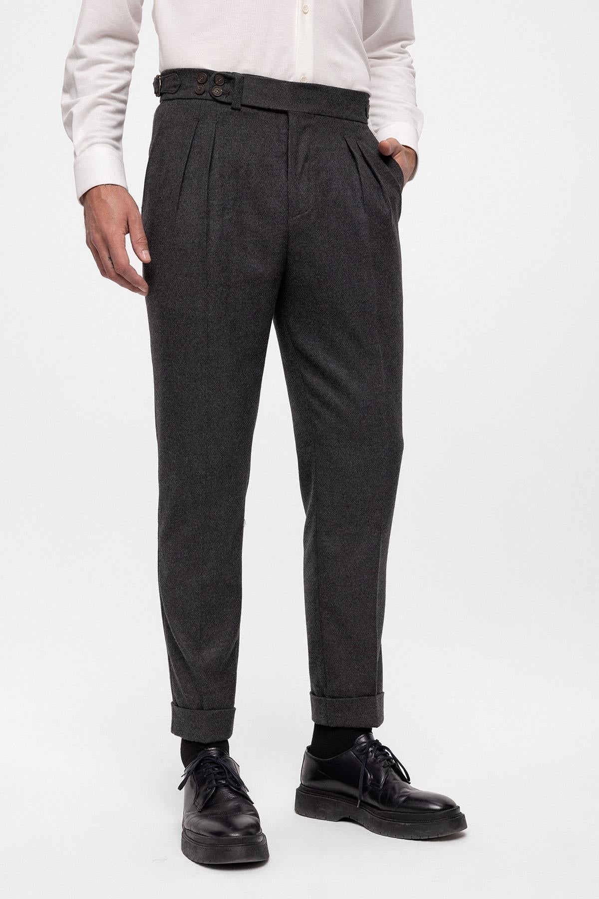 Men's Anthracite Wool Look High Waist Pleated Pants