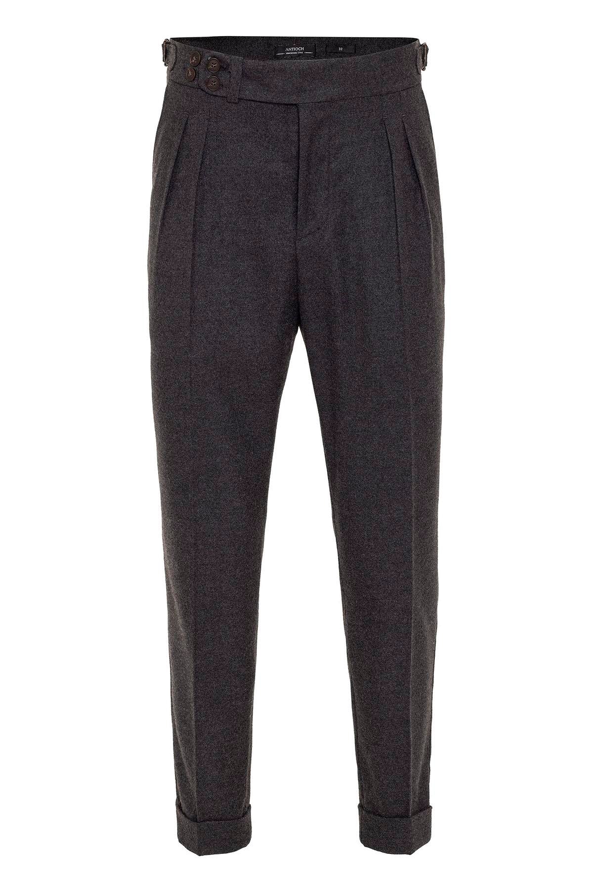 Men's Anthracite Wool Look High Waist Pleated Pants
