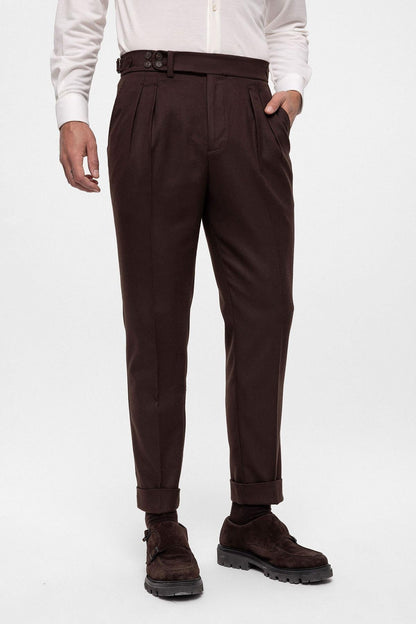 Men's Brown Wool Look High Waist Pleated Pants