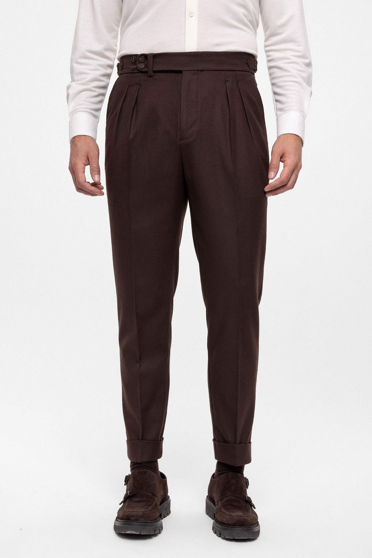 Men's Brown Wool Look High Waist Pleated Pants