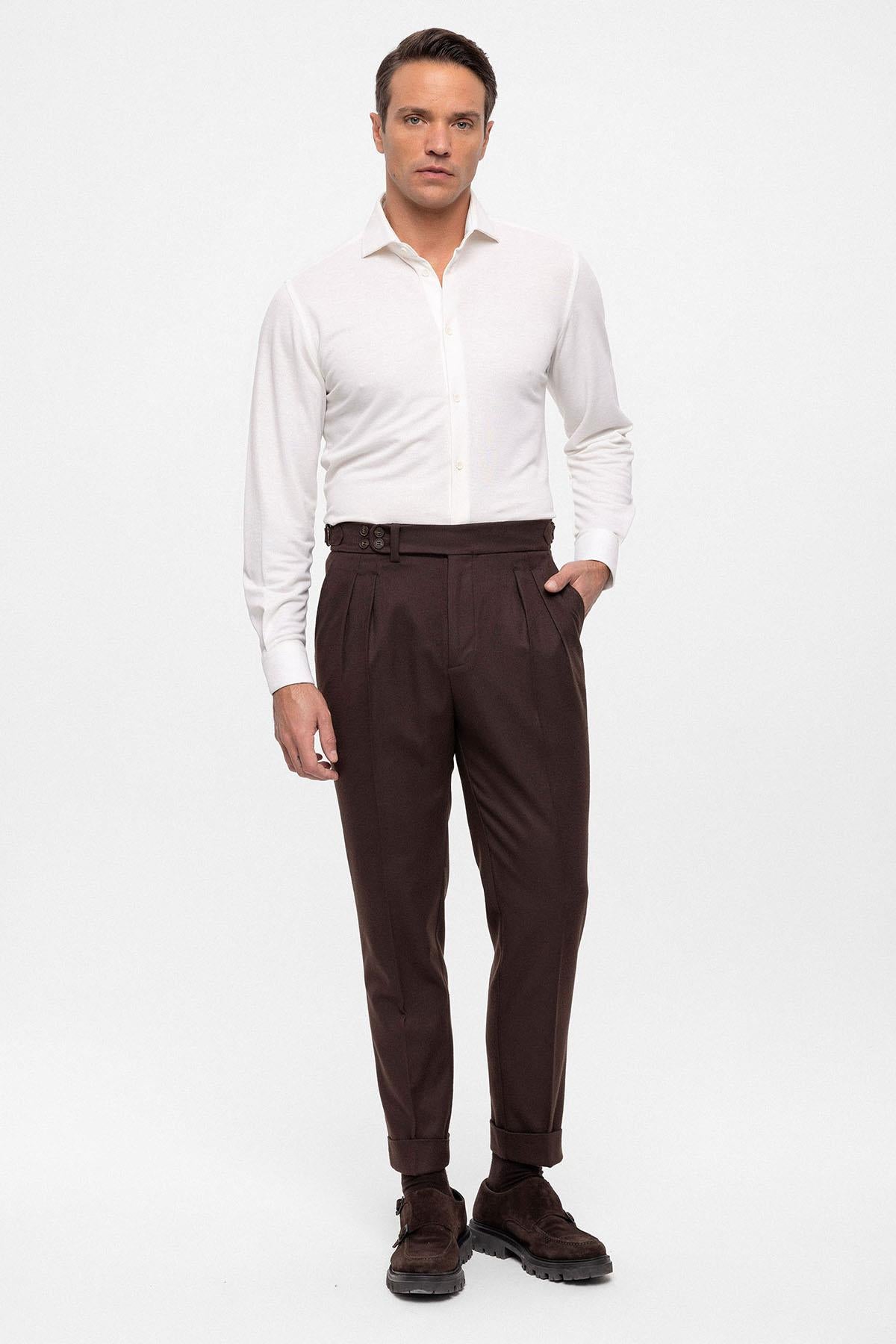 Men's Brown Wool Look High Waist Pleated Pants