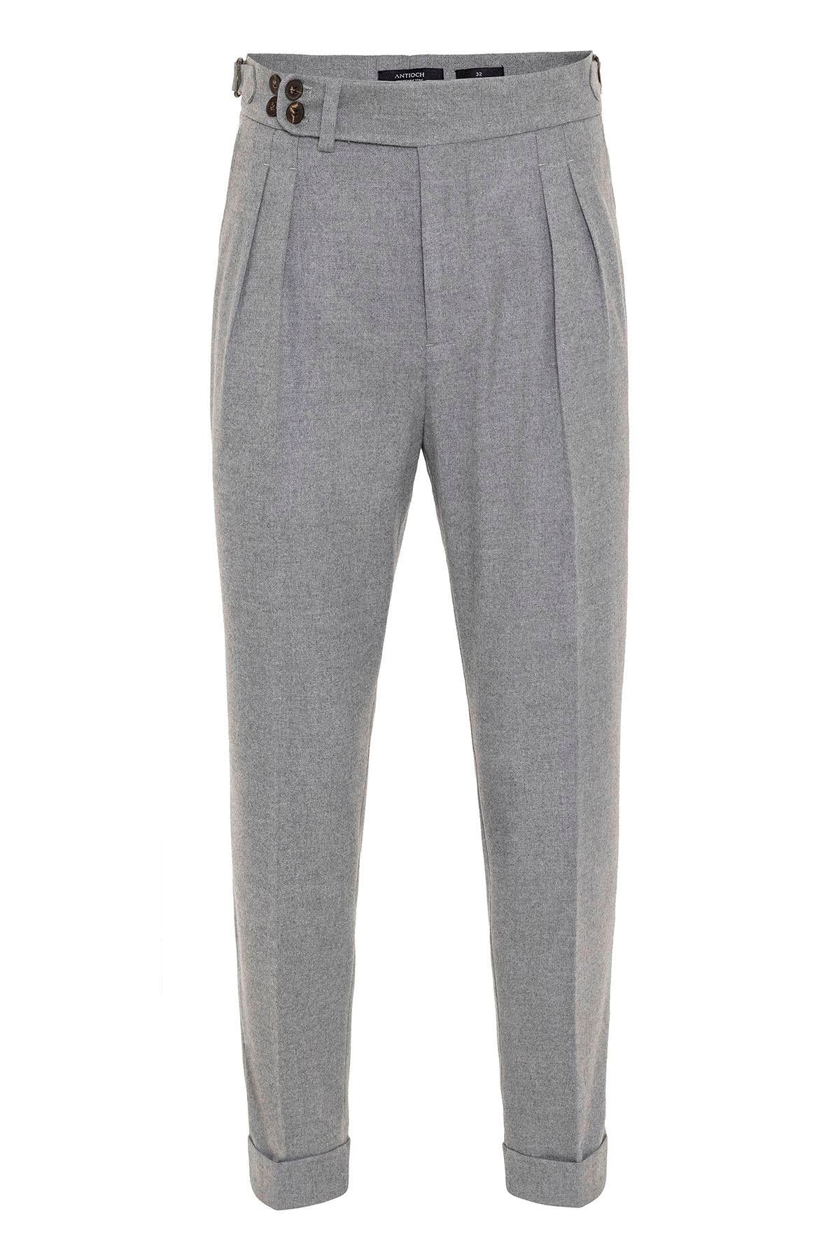 Men's Grey Wool Look High Waist Pleated Pants