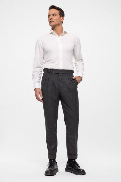 Men's Anthracite Wool Look High Waist Pleated Pants